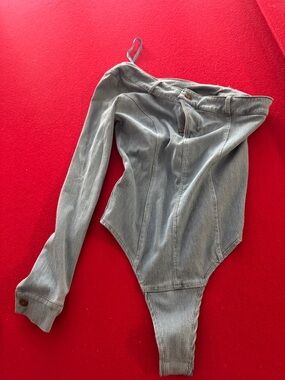 JLUXLABEL Light Blue Denim One-Shoulder Bodysuit